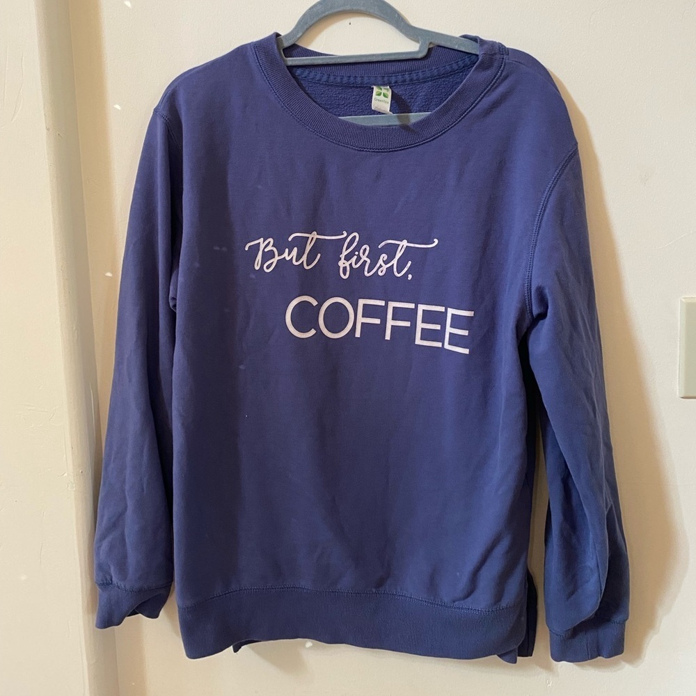 GREEN TEA BUT FIRST COFFEE OVERSIZED BLUE PURPLE SWEATER SIZE M